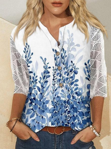 

Notched Three Quarter Sleeve Floral Buckle Regular Loose Blouse For Women, Blue, Blouses