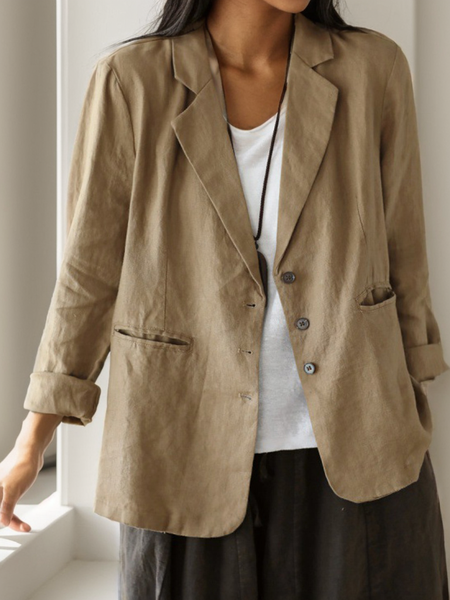 

Shawl Collar Loose Casual Cotton And Linen Blazer, Khaki, Blazers