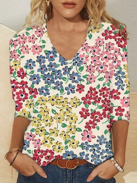 

Casual Floral V Neck Long Sleeve T-shirt, Flower, T-shirts
