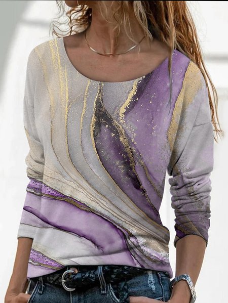 Casual Abstract Crew Neck Long Sleeve T-shirt, Purple, T-shirts