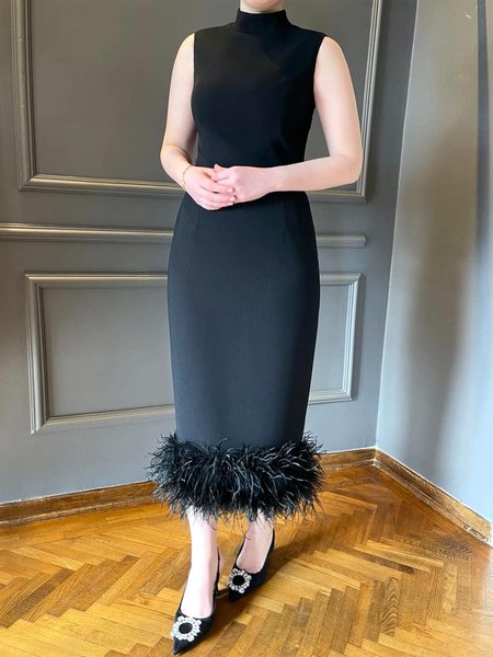 

Elegant Stand Collar Plain Tight Midi Dress, Black, Midi Dresses