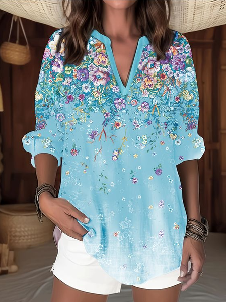 

V Neck Long Sleeve Floral Regular Loose Blouse For Women, Blue, Blouses