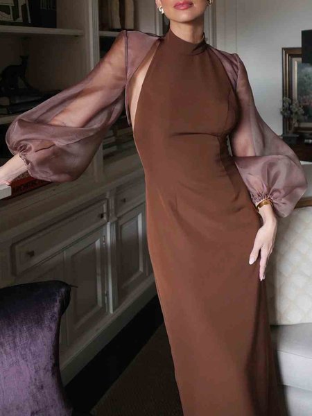 

Elegant Plain Regular Fit Balloon Sleeve Dress, Brown, Midi Dresses