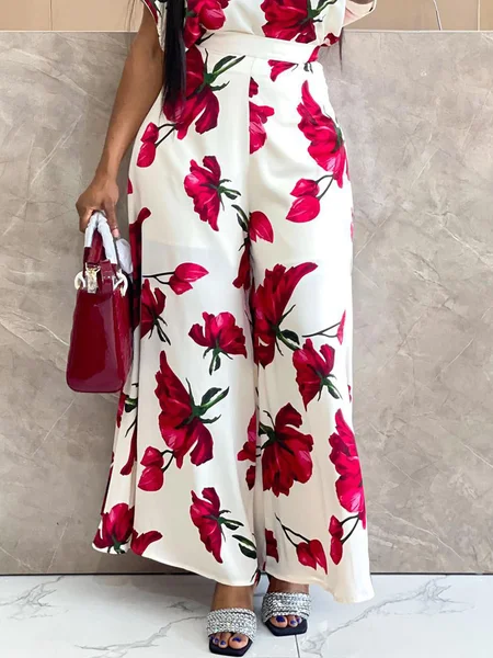 

Floral Elegant Regular Fit Long Pants, As picture, Pants