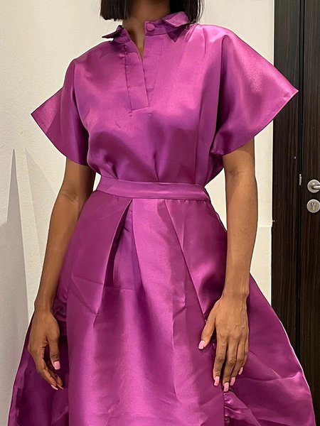 

Short Sleeve Shirt Collar Loose Elegant Blouse, Deep pink, Blouses and Shirts