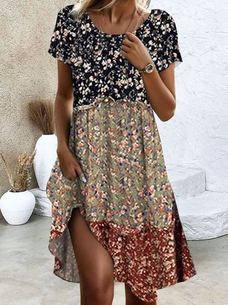 

Women Ditsy Floral Crew Neck Short Sleeve Comfy Casual Midi Dress, Multicolor, Dresses