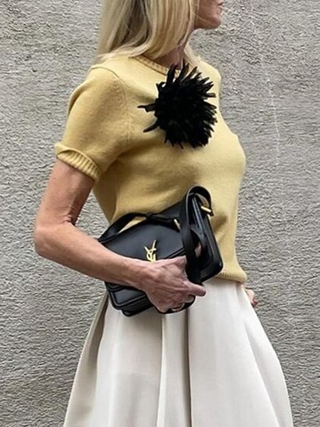 

Plain Daily Crew Neck Sweater With Brooch, Yellow, Pullovers