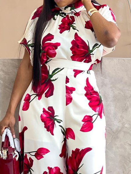Short Sleeve Floral Elegant Regular Fit Blouse, As picture, Blouses and Shirts