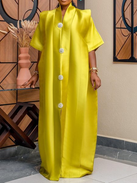 

Loose Elegant V Neck Plain Long Dress, Yellow, Maxi Dresses