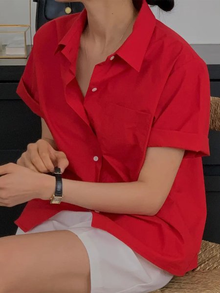 

Urban Plain Shirt Collar Short Sleeve Shirt, Red, Blouses and Shirts