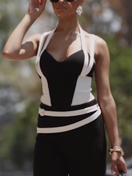 Color Block Halter Urban Tank Top, Black-white, Tanks and Camis