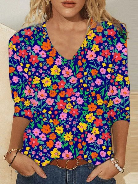 

Casual Floral V Neck Long Sleeve T-shirt, Flower, T-shirts
