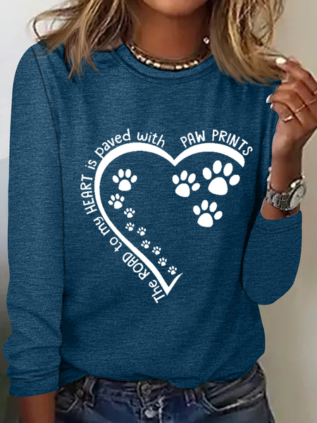 

Women's Dog Lovers The Road To My Heart Is Paved With Paw Prints Text Letters Simple Long Sleeve Shirt, Dark blue, Long sleeves