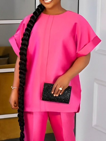 

Crew Neck Plain Urban Loose Blouse, Pink, Blouses and Shirts