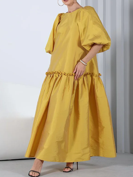 

Loose Crew Neck Short Sleeve Plain Elegant Maxi Dress, Yellow, Maxi Dresses