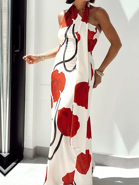 

Tight Medium Elasticity Asymmetrical Sleeveless Elegant Floral Maxi Dress, As picture, Maxi Dresses