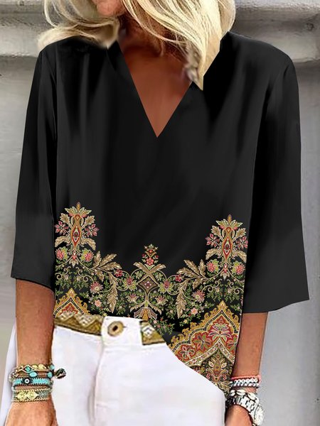

V Neck Three Quarter Sleeve Floral Regular Loose Blouse For Women, Black, Blouses