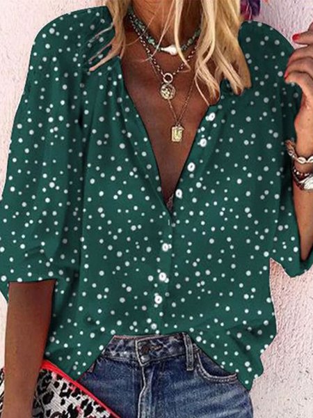 

Stand Collar Half Sleeve Polka Dots Buckle Regular Loose Shirt For Women, Green, Shirts