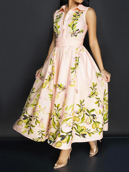 

Elegant Floral Loose Shirt Collar Sleeveless Maxi Dress With Belt, As picture, Maxi Dresses