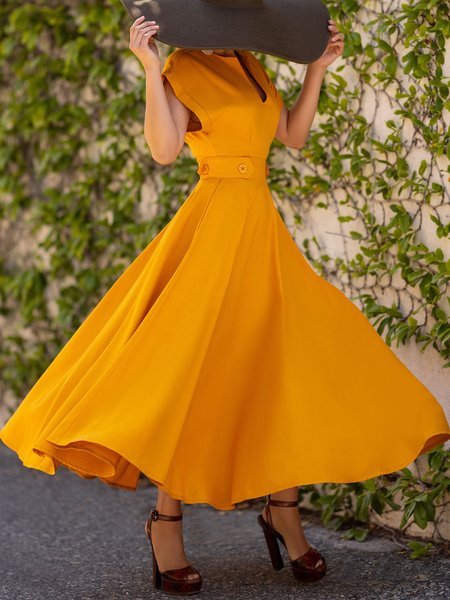 

Plain V Neck Elegant Short Sleeve Dress, As picture, Maxi Dresses