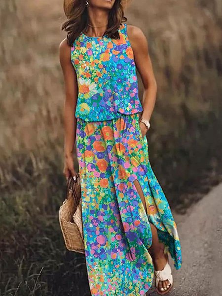 

Women's Sleeveless Summer Floral Knitted Dress Crew Neck Daily Going Out Casual Maxi H-Line Tank Blue, Dresses