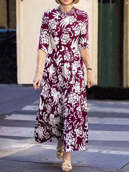 

Regular Fit Floral Crew Neck Half Sleeve Elegant Maxi Dress, As picture, Maxi Dresses