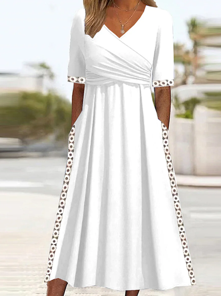 

Women Plain V Neck Short Sleeve Comfy Casual Buckle Maxi Dress, White, Dresses