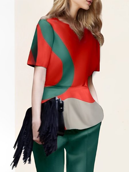 

Daily Regular Fit Colorblock Short Sleeve Blouse, As picture, Blouses and Shirts