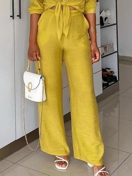 

Regular Fit Straight Long Casual Plain Pants, Yellow, Pants