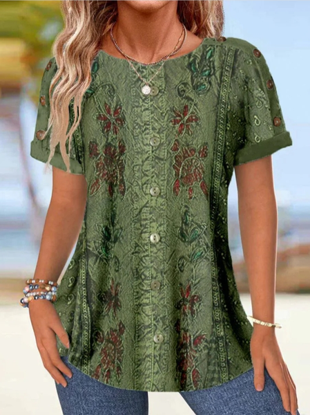 

Crew Neck Three Quarter Sleeve Floral Regular Loose Blouse For Women, Green, Blouses