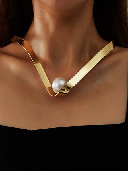 

Faux Pearl V-Neck Collar Necklace, Golden, Necklaces