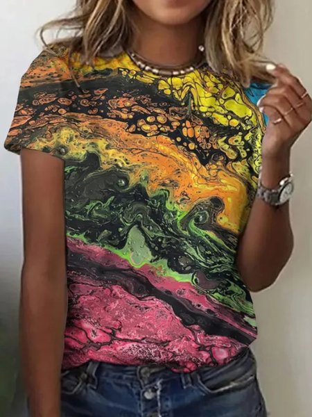

Casual Abstract Crew Neck Short Sleeve T-shirt, Multicolor, T-shirts