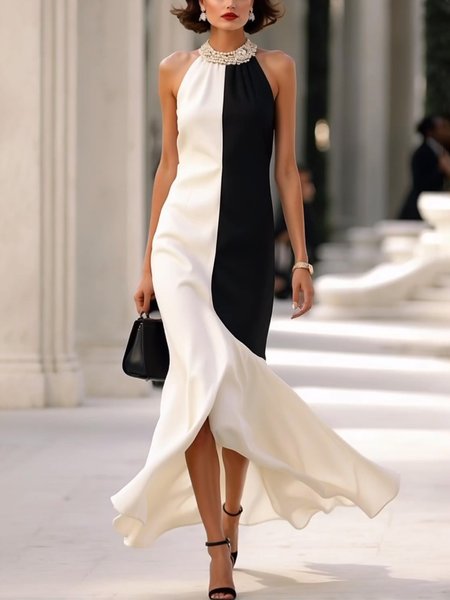 Urban Color Block Regular Fit Maxi Dress, Black-white, Maxi Dresses