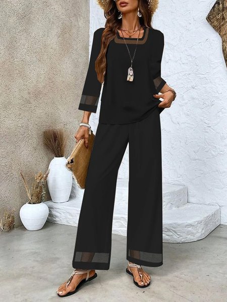 

Women Plain Square Neck Three Quarter Sleeve Comfy Casual Split Joint Top With Pants Two-Piece Set, Black, Sets
