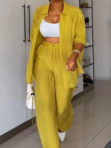 

Long Sleeve Shirt Collar Casual Loose Shirt, Yellow, Blouses and Shirts