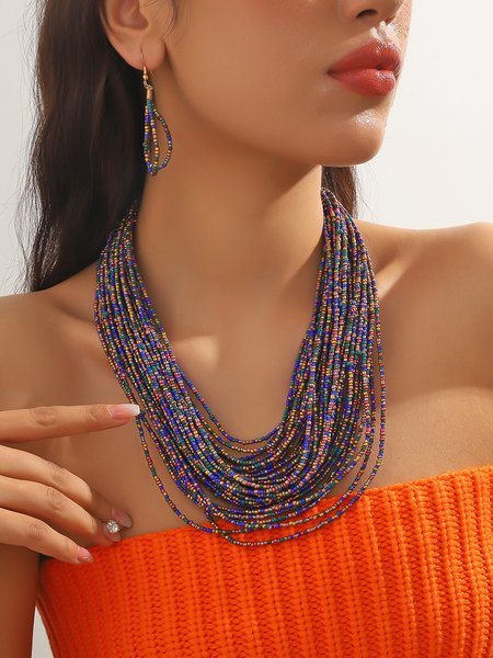 

Bohemian Handmade Beads Multi-layer Necklace Jewelry Set, Deep blue, Jewelry