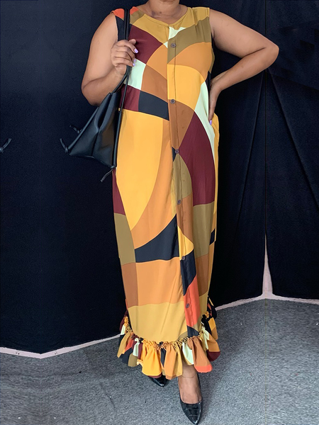 

Urban Loose Crew Neck Sleeveless Geometric Maxi Dress, As picture, Maxi Dresses