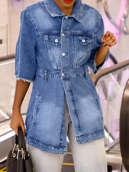 

Casual Plain Shirt Collar Pockets Denim Coat, Blue, Jackets