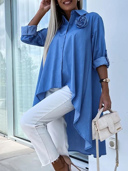 

Loose Urban Irregular Craftsmanship Plain Faux Denim Shirt, Blue, Blouses and Shirts