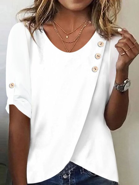 

Women's Three Quarter Sleeve Tee T-shirt Spring/Fall Plain Buckle Cotton Crew Neck Daily Going Out Casual Top White, T-Shirts