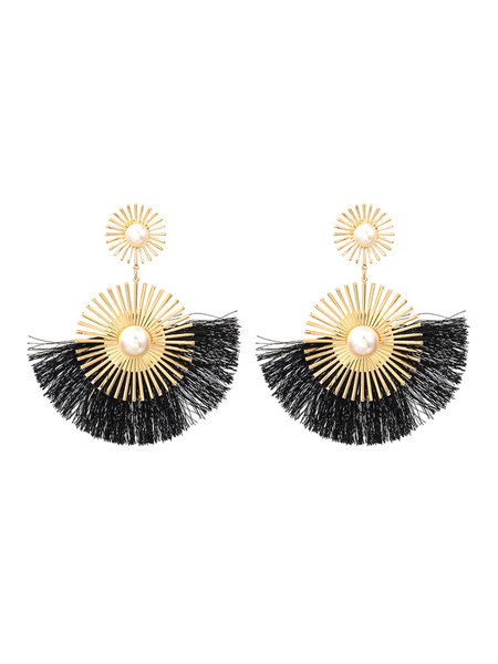 

1 Pair Bohemian Imitation Pearl Fan-Shaped Fringed Earrings, Black, Earrings