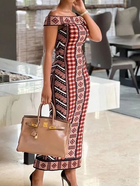 

Elegant Tight Ethnic Geometry Long Dress, As picture, Maxi Dresses