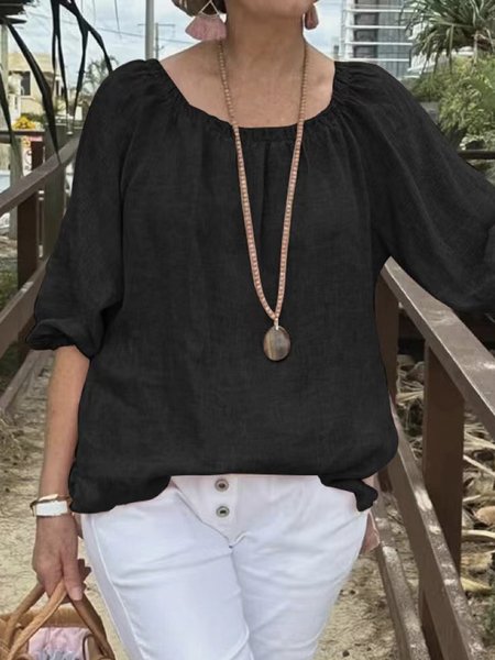 

Crew Neck Plain Casual Cotton Blouse, Black, Blouses & Shirts