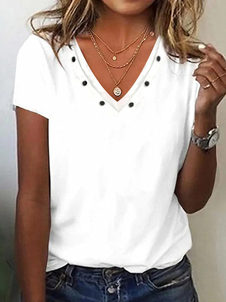 

Casual Plain V Neck Short Sleeve T-shirt, White, T-shirts