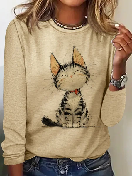 

Loose Cotton Cat Casual T-Shirt, Khaki, Long sleeves