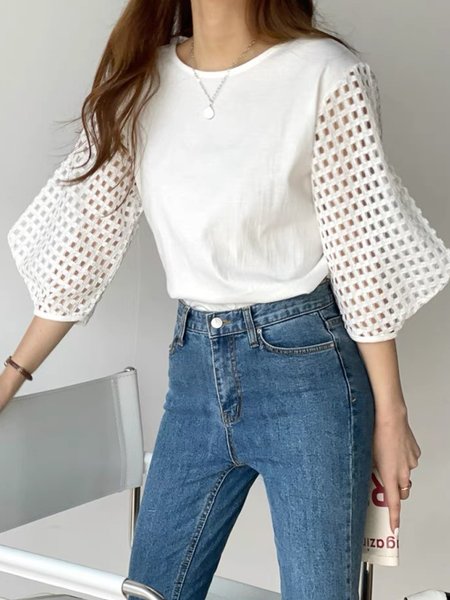 

Plain Daily Loose Crew Neck Patchwork Blouse, White, Blouses and Shirts
