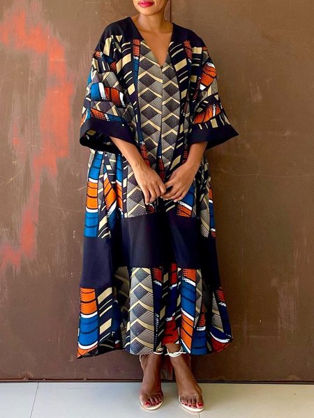 

Ethnic Geometry Vacation V Neck Loose Dress, As picture, Maxi Dresses