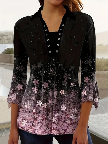 

Casual Ombre Shawl Collar Three Quarter Sleeve T-shirt, Black-pink, T-shirts