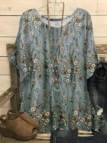 

Crew Neck Short Sleeve Floral Regular Loose Blouse For Women, Gray, Blouses