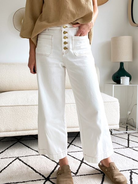 

Casual Plain Long Elastic Waist Buttoned Pant, White, Pants